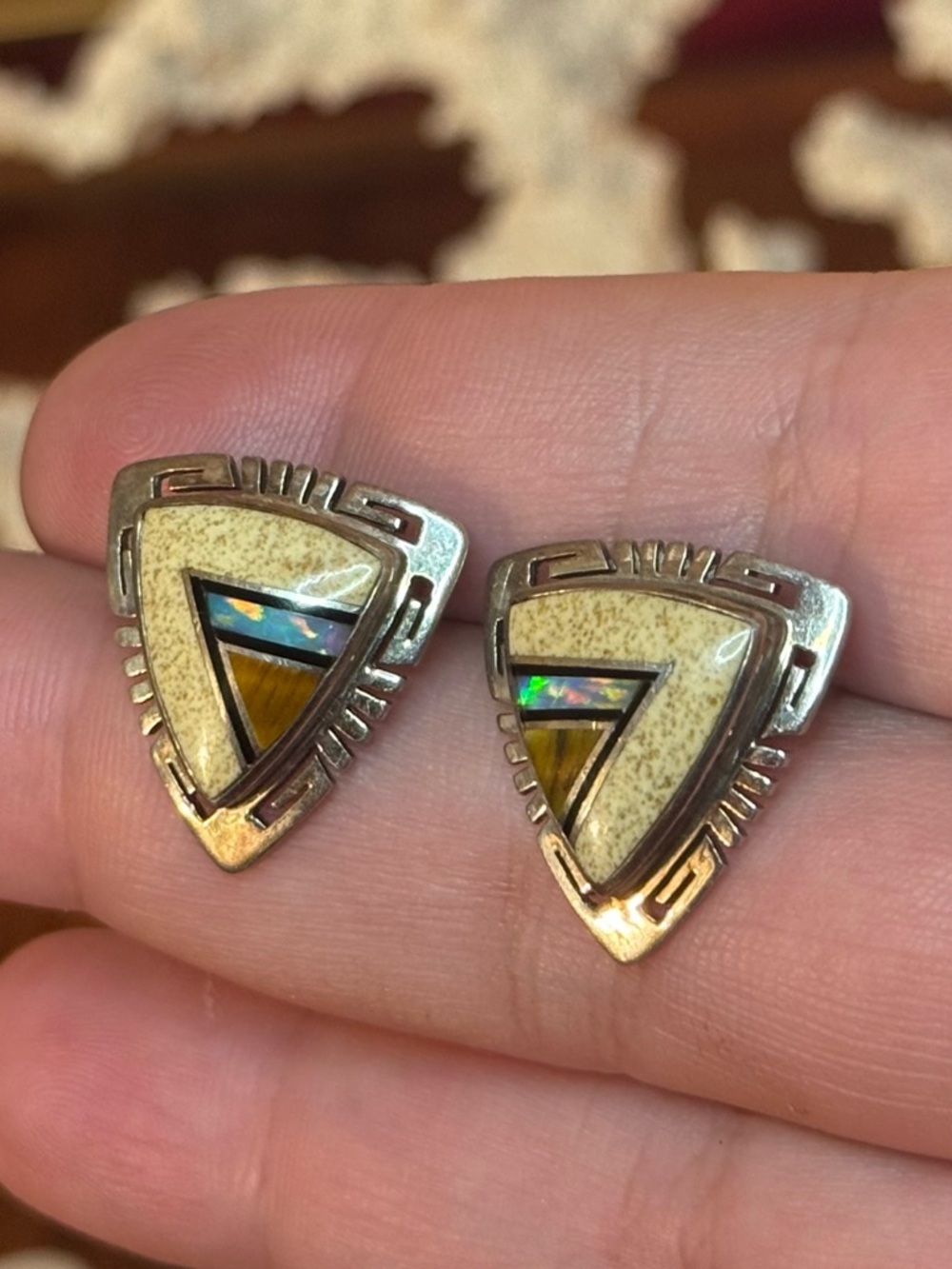 Native American Sterling VTG Inlay Earrings - Picture 4 of 16